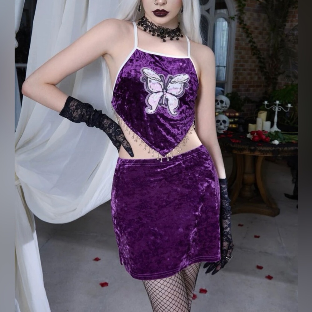 Sequin Butterfly & Purple Velvet Skirt & Crop Top Set
